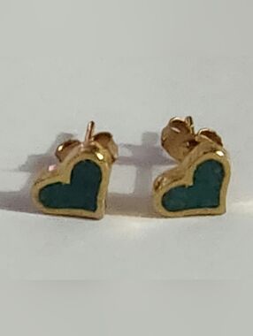 Gold Tone Heart Stud Earrings with Teal Inlay Turquoise